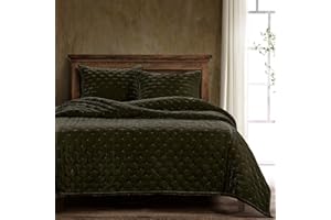 H HIEND ACCENTS HiEnd Accents Stella Faux Silk Velvet Quilt, Super Queen Size, Fern Green Solid Color, Romantic Modern Western Traditional Style Luxury Bedding