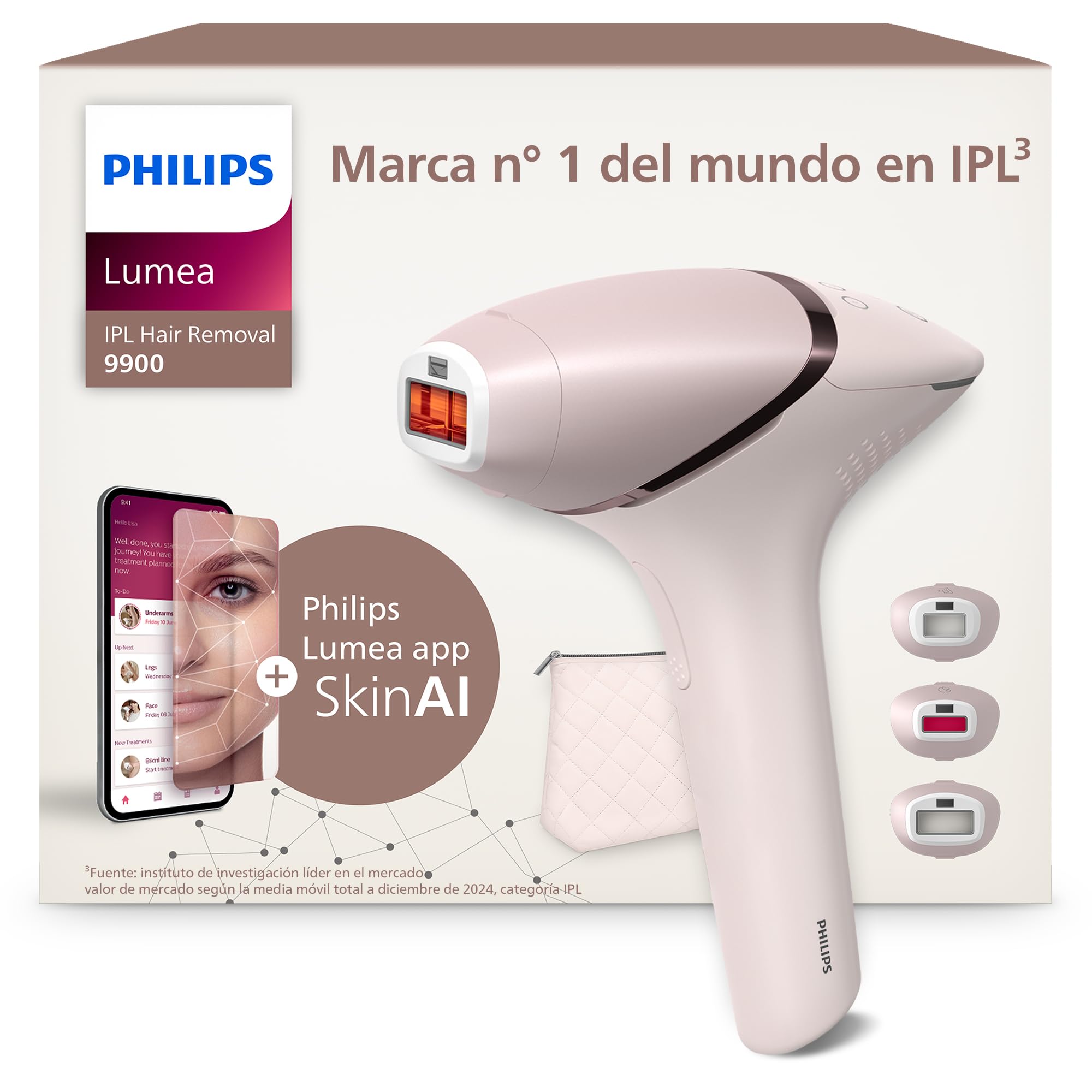 Philips Lumea serie 9900, dispositivo de depilación IPL, alternativa de depilación láser, SenseIQ y SkinAI, 3 accesorios para el cuerpo, la cara y zonas de precisión, con y sin cable, BRI953/02