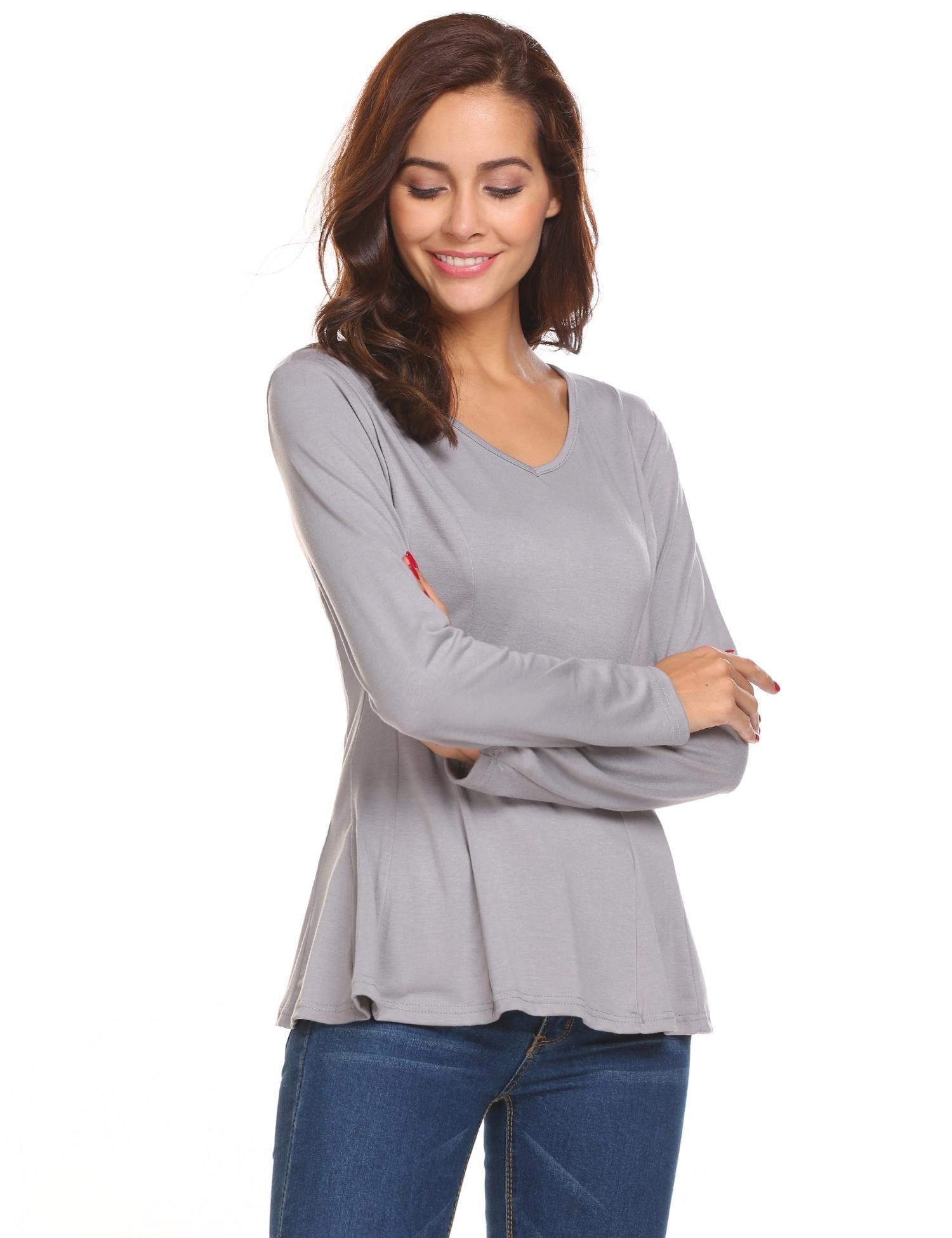 HOTOUCH Women\'s Comfy Loose Fit V Neck Long Sleeve Peplum Tops Blouse GREY M SIZE