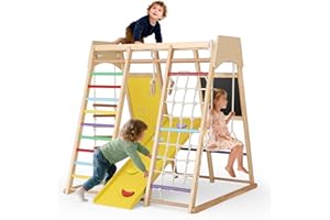 TODEFULL Indoor Jungle Gym for Kids, 10 in 1 Wooden Montessori Climbing Set with Swing Slide Climbing Net, Monkey Bar, Wood & Rope Ladder, Large Climbing Toys for Kids 3+, Rainbow