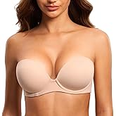 DOBREVA Women's Strapless Push Up Bra Padded Plunge Underwire Plus Size Bras Add 1 Cup