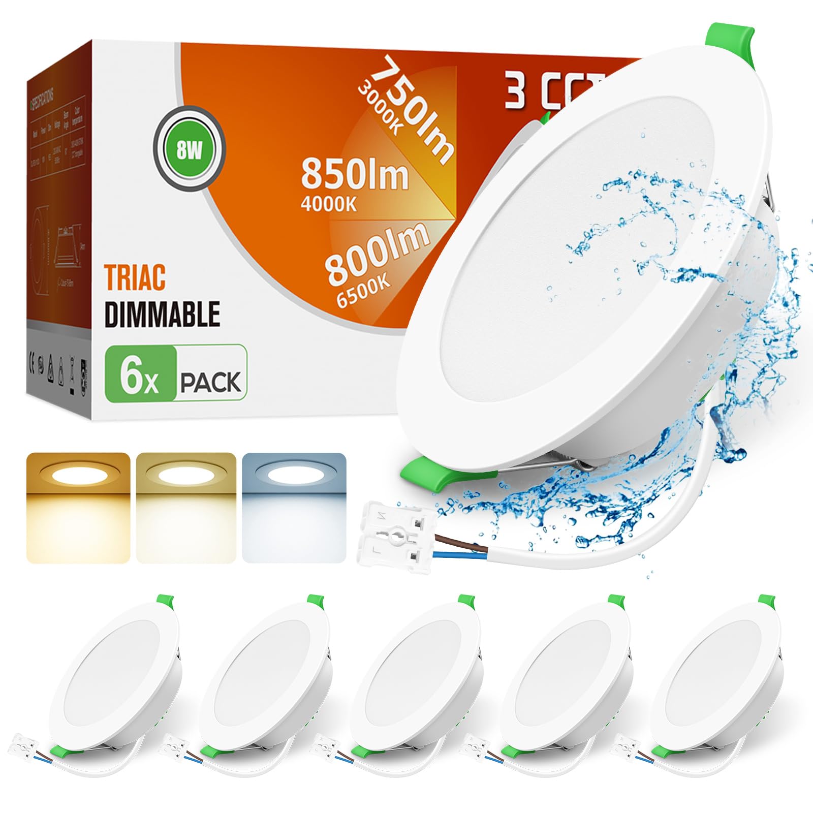 ALUSSO LED Downlights Ceiling Dimmable 8W 850LM IP44 Recessed Ceiling Lights, 3CCT 3000K Warm 4000K Neutral 6500K Cool Adjustable Bathroom Spotlights, White, 6 Pack