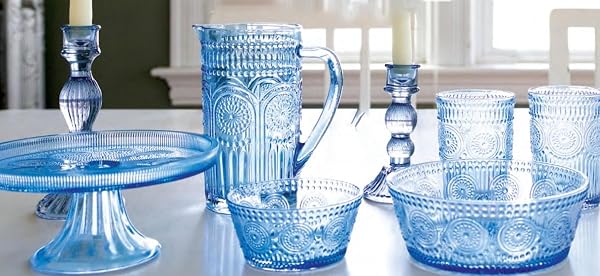 BOSTON INTERNATIONAL VINTAGE-INSPIRED GLASS CAKE STAND ROUND PEDESTAL FOR DESSERTS CUPCAKES & PIE, 8.25″ X 3.5″, SKY BLUE CODI
