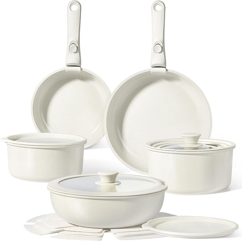 Granit Topfsets Pfannenset 15 Teiliges,Kochtöpfe Set Antihaft Kochgeschirr mit Abnehmbarem Griff,Für alle Herdarten geeignet,Spülmaschinenfest,Ofenfest(Weiß,15PCS)