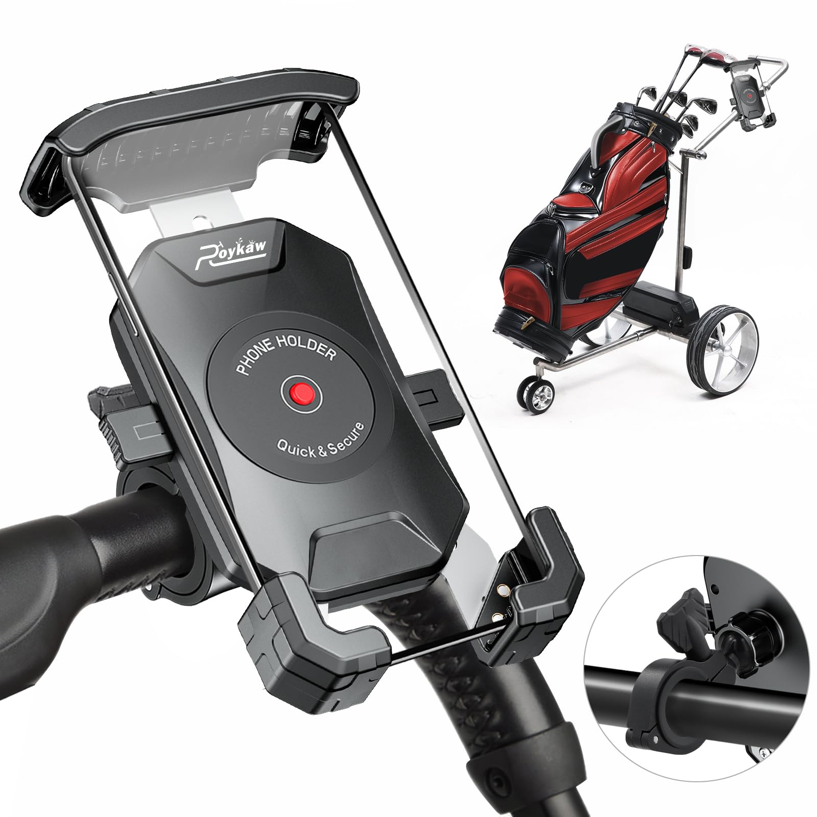 Photo 1 of Roykaw Golf Push Cart Phone Holder Mount Compatible with Caddytek,Clicgear,Sun Mountain,Rovic, Caddy, Bag Boy,Golf Push Cart Accessories for Cell Phones,Full Silicone Protection/ 360°Rotatable