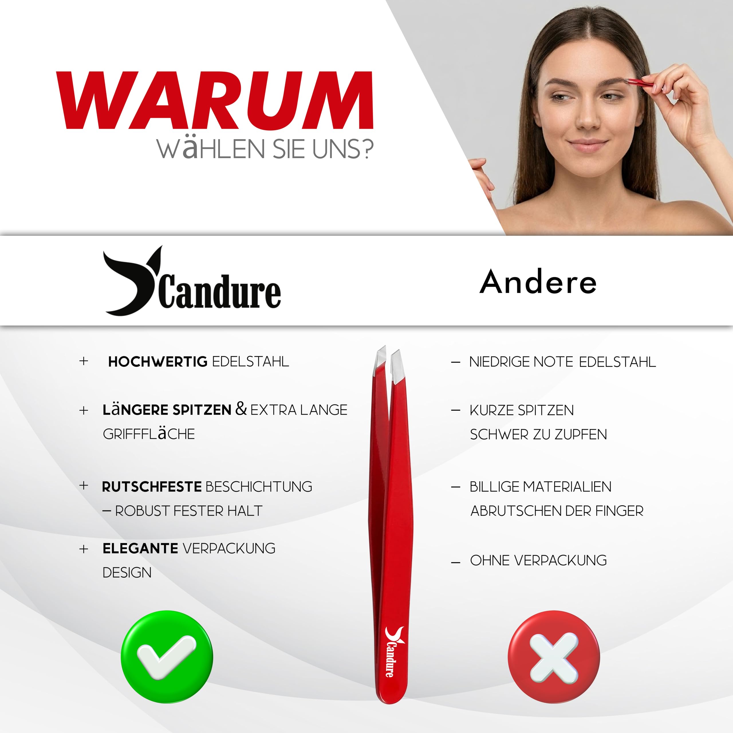 Candure Profi Schräg Pinzette für Herren & Damen – Präzisions Edelstahl Pinzetten zum Augenbrauen, Gesichts und Kinnhaare Zupfen, Eingewachsene Haare & Splitterentfernung mit Lederetui (Rot) 6