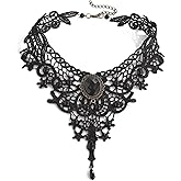 Gothic Black Lace Choker Necklace,Vintage Black Fringe Necklace Punk Style Red/Black Gem Pendant Necklace Retro Goth Lolita Choker Halloween Jewelry Witch Vampire Costume Accessories for Women