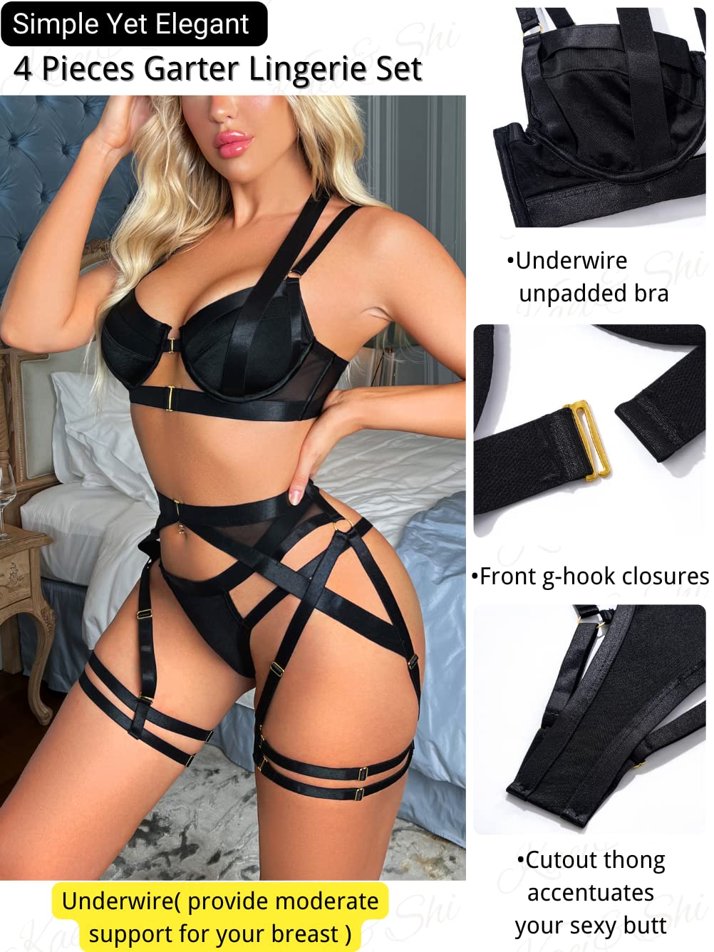 Kaei&Shi Strappy Harness, All Adjustable, Underwire Racerback, 4pc Garter Set