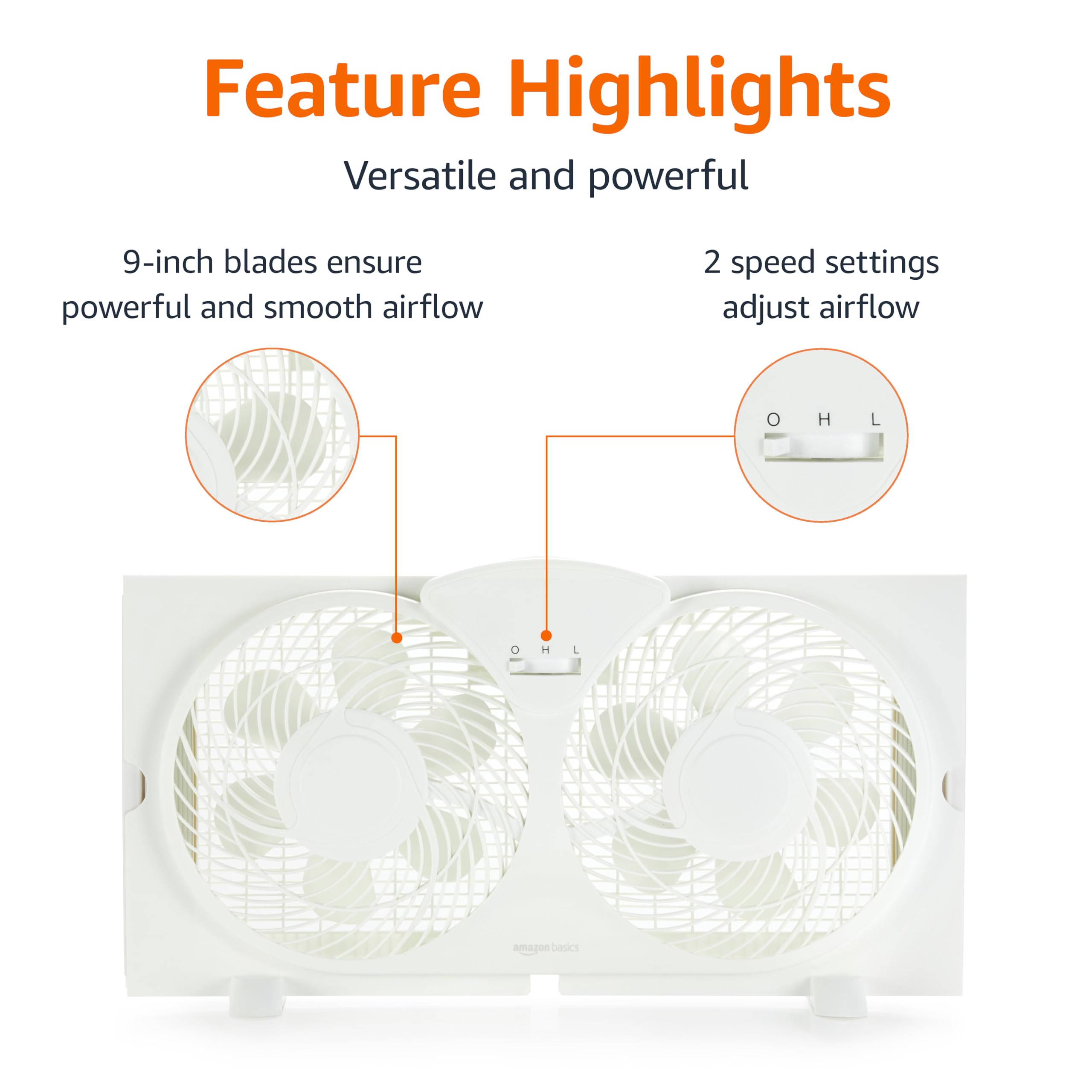 Amazon Basics Window Fans for Home Bedroom, Twin Heads, Cooling Airflow, Exhaust, Expandable Side Panel Basic Control, 2 Speeds, 68W, 9 inch, White