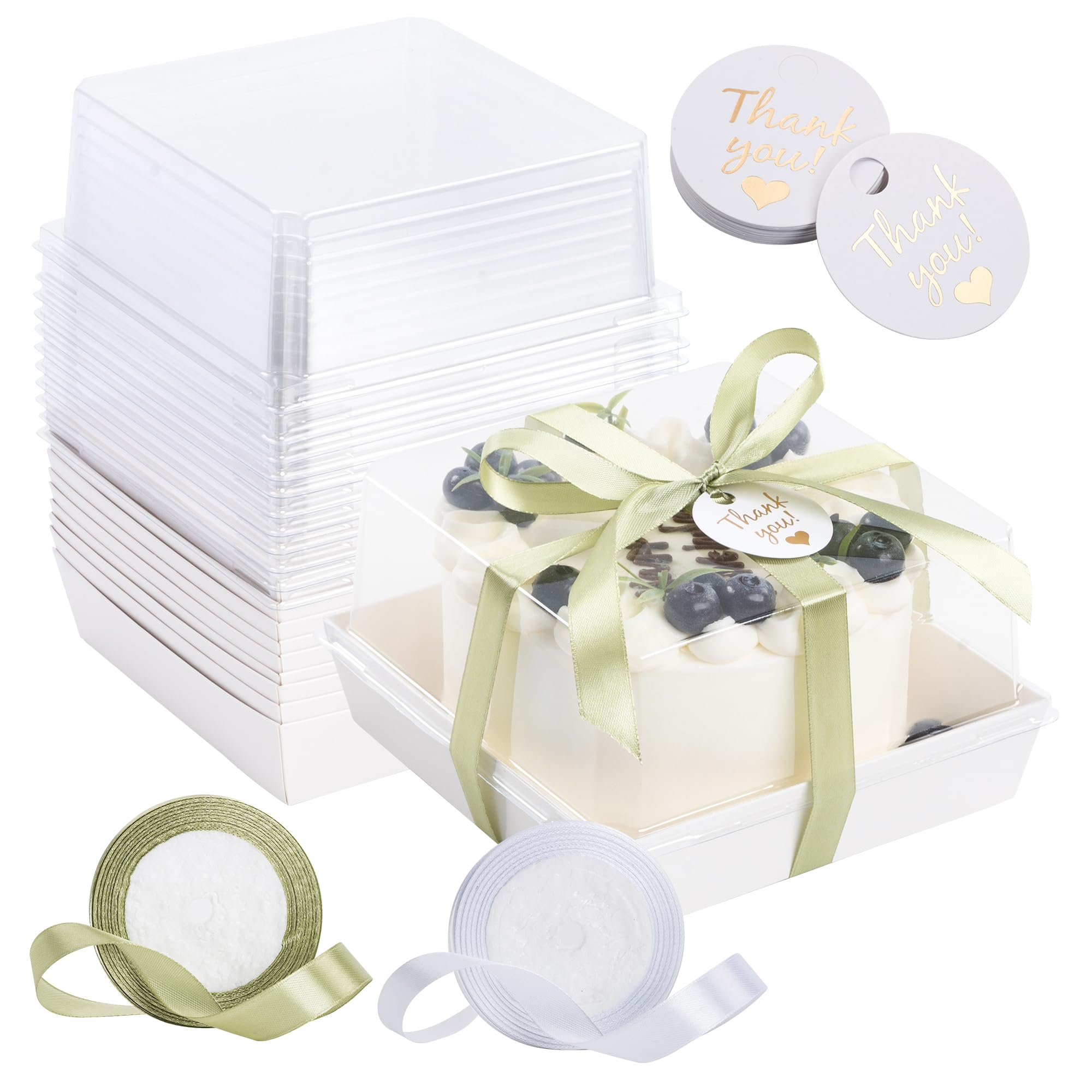 Photo 1 of 7x7x4 Inches Clear Disposable Paper Bento Cake Boxes With Clear Lids Thank You Tags White and Sage Green Ribbon White Square Food Charcuterie Containers for 4-6 Inches Cakes Platters Desserts (40)