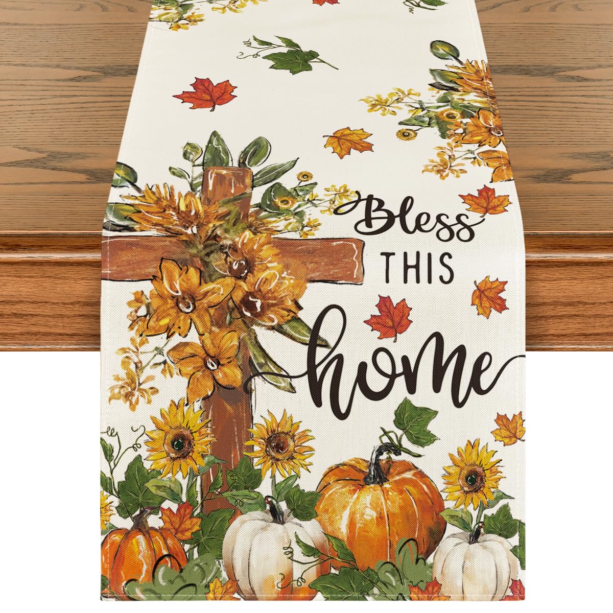 Photo 1 of Artoid Mode Cross Pumpkins Fall Table Runner, Bless This Home Seasonal Autumn Kitchen Dining Table Decoration for Home Party Decor 13x72 Inch
