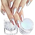 2Pcs White Chrome Nail Powder Clear Blue Glass Effect Super Glossy Glazed Donut Chrome Powder for Nails Art, Pearl Nail Glitter Pigment Dust for Gel Nails Polish Design with Tools