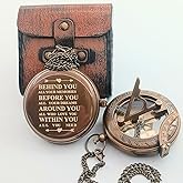 Behind You Engraved Brass Compass Gift for Men - Handcrafted Vintage Brass Sundial Compass – Antique Nautical Sun Clock with Leather Case - Best Graduation Gift - Best College Graduation Gift