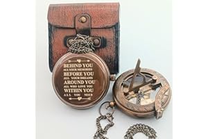 DAYOL'X Behind You Engraved Brass Compass Gift for Men - Christmas & Holiday Collection Gift - Handcrafted Vintage Brass Sundial Compass – Antique Nautical Sun Clock with Leather Case - Gift for him