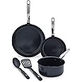 GreenPan Chatham Prime Midnight Hard Anodized Healthy Ceramic Nonstick, 5 Piece Cookware Pots and Pans Set, Mixed Cooking Utensils, Stainless Steel Handles, PFAS-Free, Dishwasher Safe Oven Safe, Black