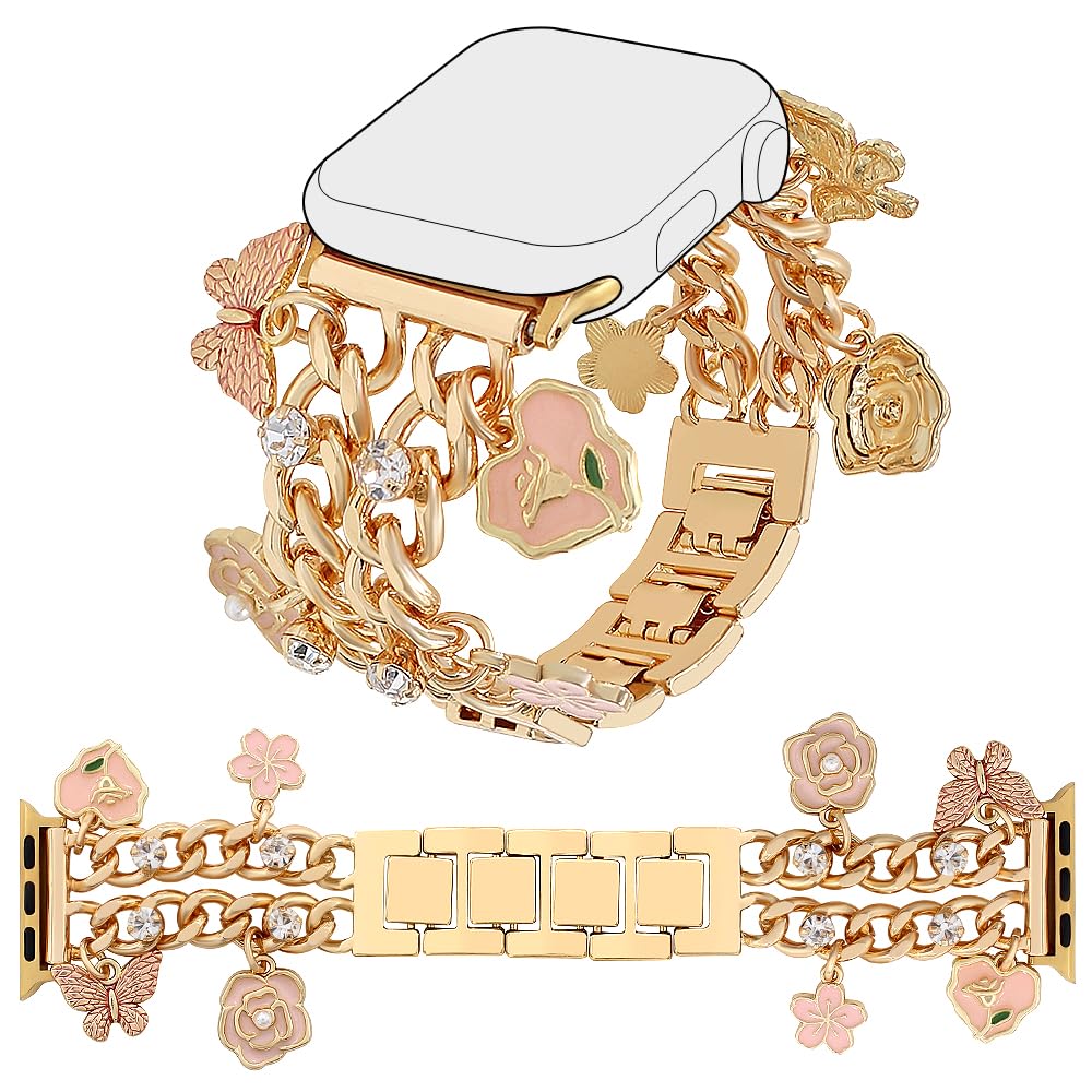 YONWORTH Cuban Chain Band Compatible with Apple Watch Bands 38/40/41mm Women,Bling Diamond Chain Dressy Metal Wristband Cute Charms Pendants for iWatch Series 10 9 8 7 6 5 4 3 SE(A2-Gold Pink, 38MM)