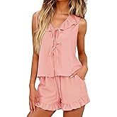 KFUBUO Womens Ruffle Pajamas Set 2 Piece Soft Pj V Neck Sleeveless Tops and Shorts Bride Pjs for Wedding Day Set