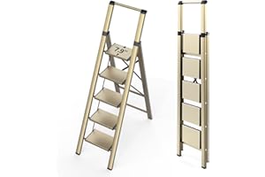 WOA WOA Ladder, Step Ladder 5 Step Folding with Wide Pedals, Tall Aluminum Ladder with Non-Slip Feet, Lightweight Stepladders for High Closet, Indoor Step Ladder Space Save 330lbs - Gold