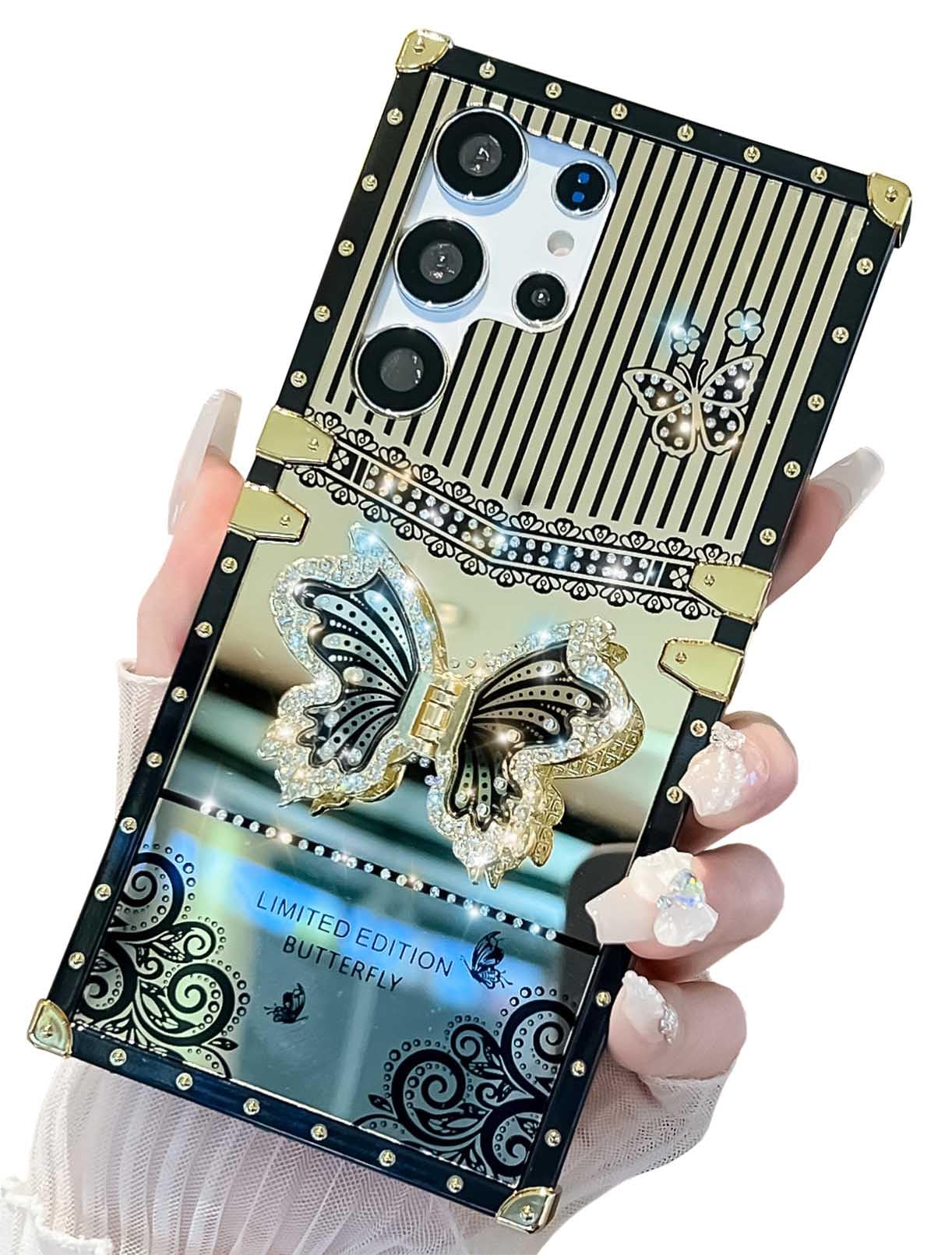 Photo 1 of HALATUA Cute Compatible with Samsung Galaxy S24 Ultra Case, Luxury Bling Butterfly Foldable Stand Kickstand for Women & Girls, Mirror Lace Flexible Shockproof Protective Case (Black)