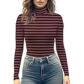 YumiDay Women's Turtleneck Long Sleeve Top, Striped High Neck Shirt Baselayer Ribbed Stripes Slim Fitted Tee Stretchy