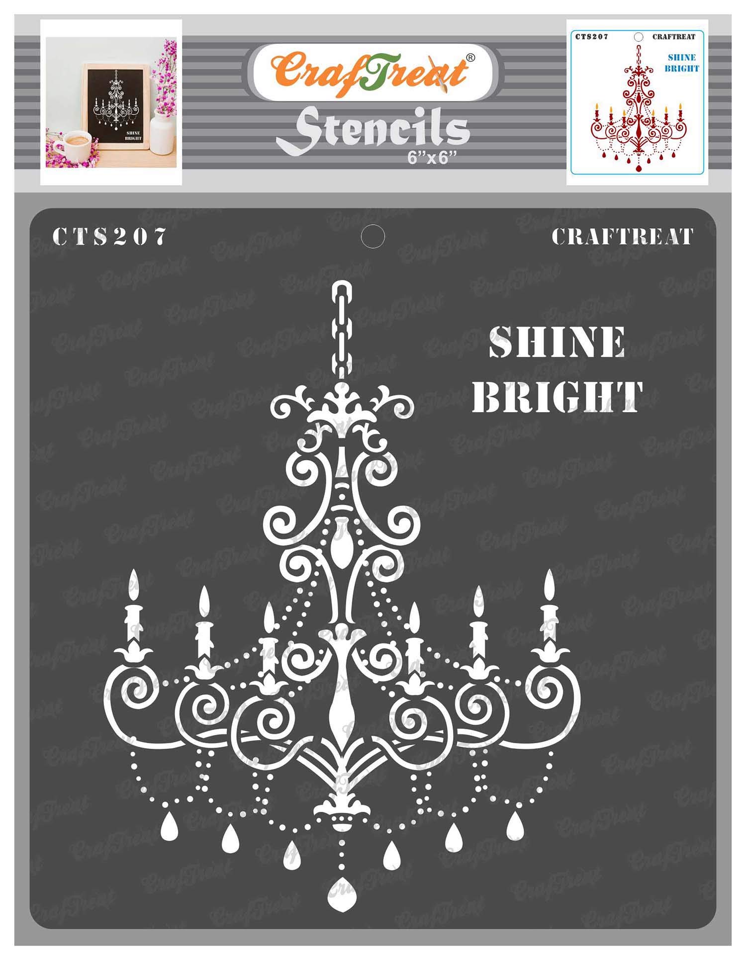 CrafTreat Reusable Chandeliers Stencil for Painting on Wood, Canvas, Paper, Fabric, Floor, Wall and Tile - Shine Bright -6x6 Inch - DIY Art and Craft Stencils for Home Decor
