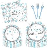 Fitumiw 96Pcs Winter Snowflake Happy Birthday Party Tableware Supplies Winter Wonderland Plates and Napkins Winter Xmas Birthday Party Set Decorations Serve 24 Guests