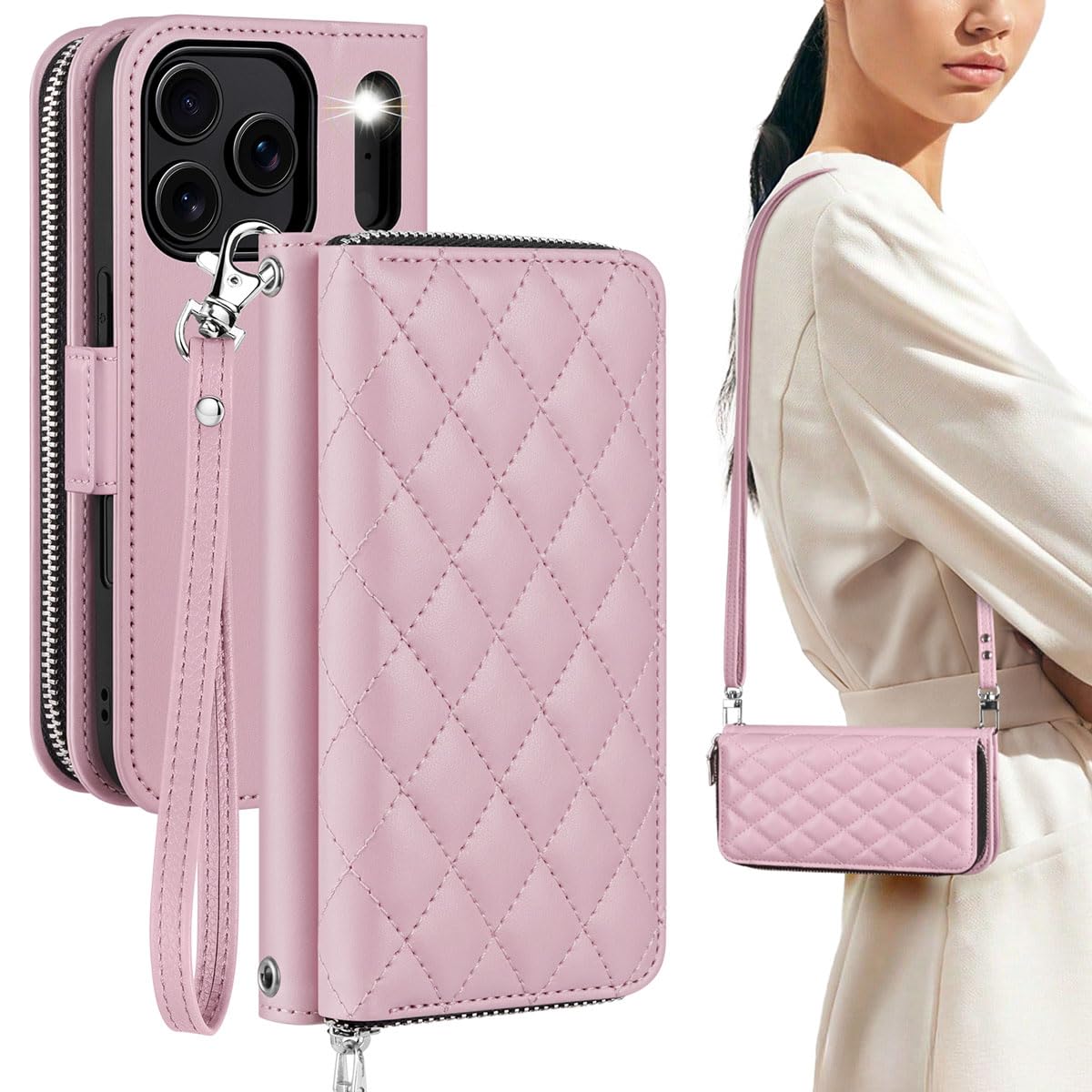 OCASE for iPhone 17 Pro Crossbody Wallet Case - Stylish PU Leather Handbag Phone Purse with Zipper Closure, Card Slots & RFID Blocking - Wrist Strap, Lanyard, Kickstand - Diamond Check Pink