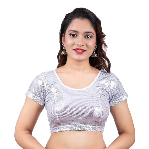 Womens Dupion Silk Silver Sequinned Designer Princess Cut Padded Short Sleeves Readymade Saree Blouse