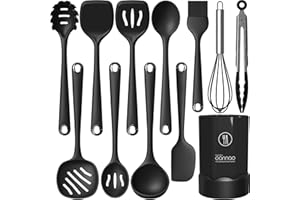 OANNAO Silicone Cooking Utensils Set - 446°F Heat Resistant Silicone Kitchen Utensils,Spatula,Spoon,Whisk,Tongs,Basic Kitchen Utensil Gadgets Tools Sets for Nonstick Cookware,Dishwasher Safe BPA Free (Black)