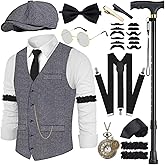 VillbeCoser 1920s Mens Costume Roaring 20s Costumes Accessories Set 1920s Vest Suspenders Hat Pocket Watch Tie