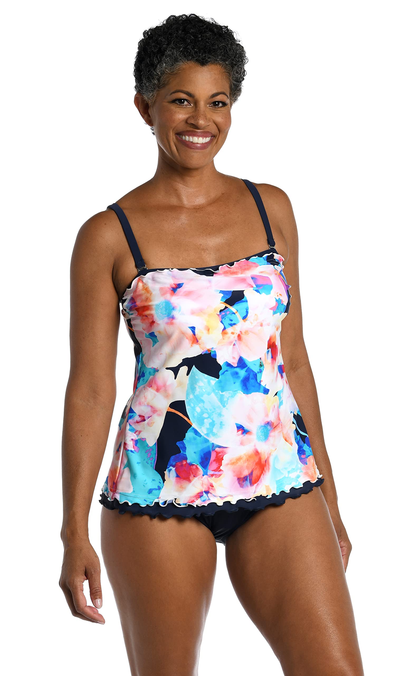 Maxine Of Hollywood Women’s Standard Ruffle Bandeau Tankini Swimsuit Top, Multi//Illusion Blossoms, 14