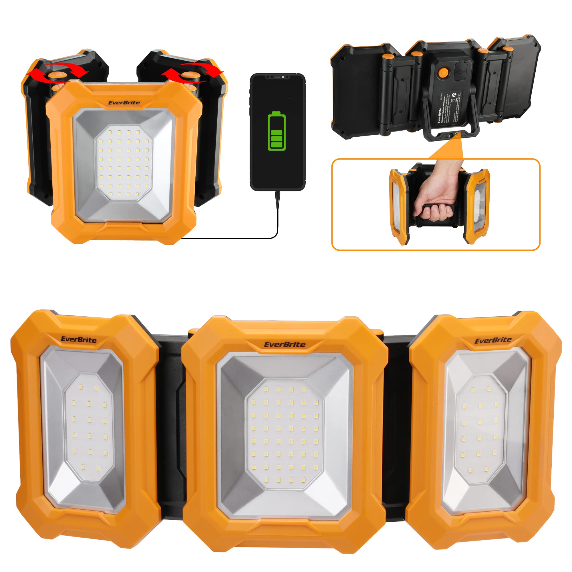 Photo 1 of EverBrite 3000LM LED Work Lights, 7800mAh Rechargeable Work Light with 180° Rotation Stand, Two 180° Adjustable Heads, Cordless Battery Powered Work Light for Car Repairing/Garage/Workshop/Emergency