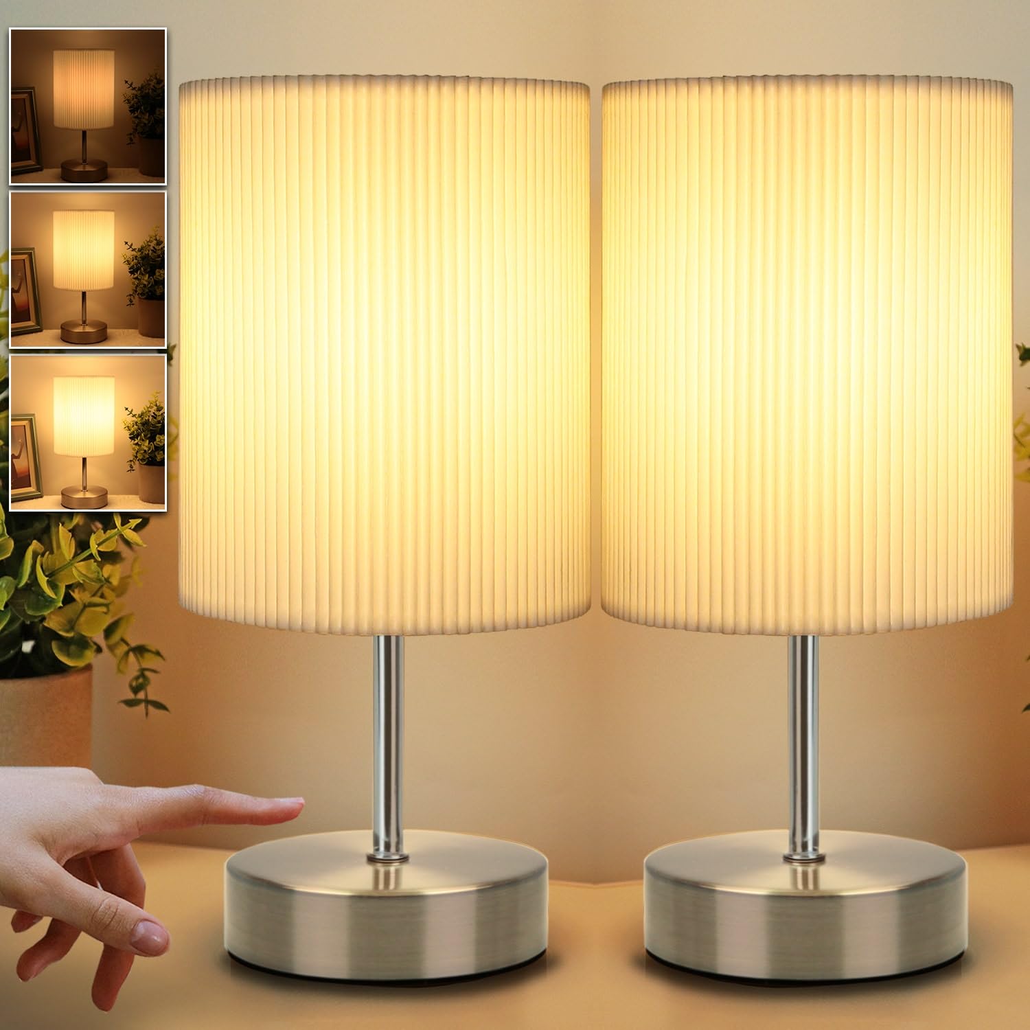 HSLighting Touch Control Bedside Lamps, Table Lamp with Metal Base 3-Way Brightness Changing Dimmable LED Light Bulbs Desk Lamp Night Light for Bedroom Living Room (Metal Base-Silver-2pack) — image 1