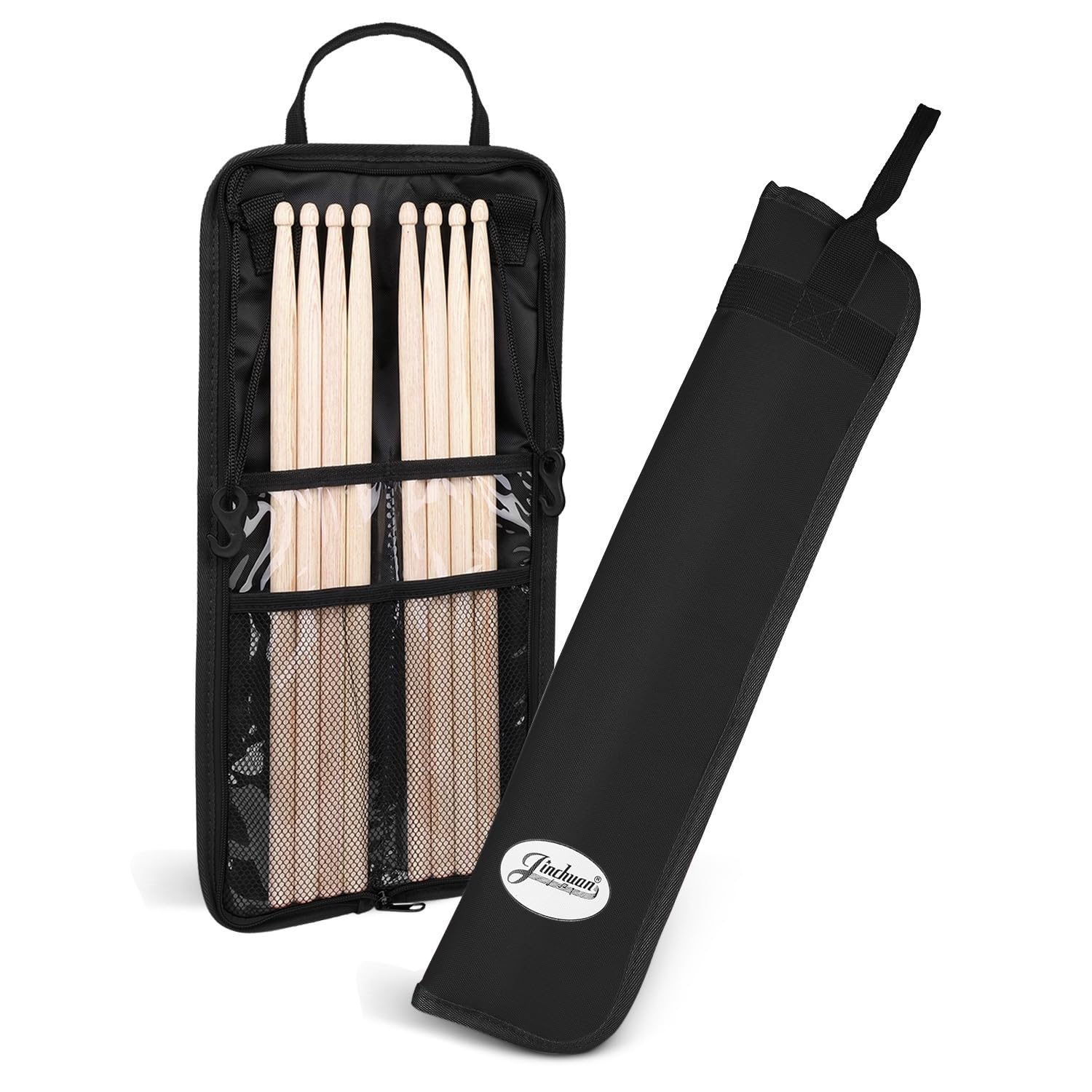 Flexzion Drum Stick Bag - Percussion Music Accessories Case with Hook, Card Holder, Adjustable Shoulder Strap & Carrying Handle - 4 Pairs Kid Drum Sticks Holder - Water-Resistant Fabric, Black