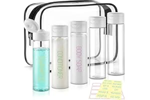 Cosywell Travel Bottles for Toiletries 5 Pack 3.4oz Pre-Printed Travel Size Containers TSA Approved Toiletry Bottles Wide Mouth Leak Proof Squeeze Bottle for Lotion Toothpaste(Clear)