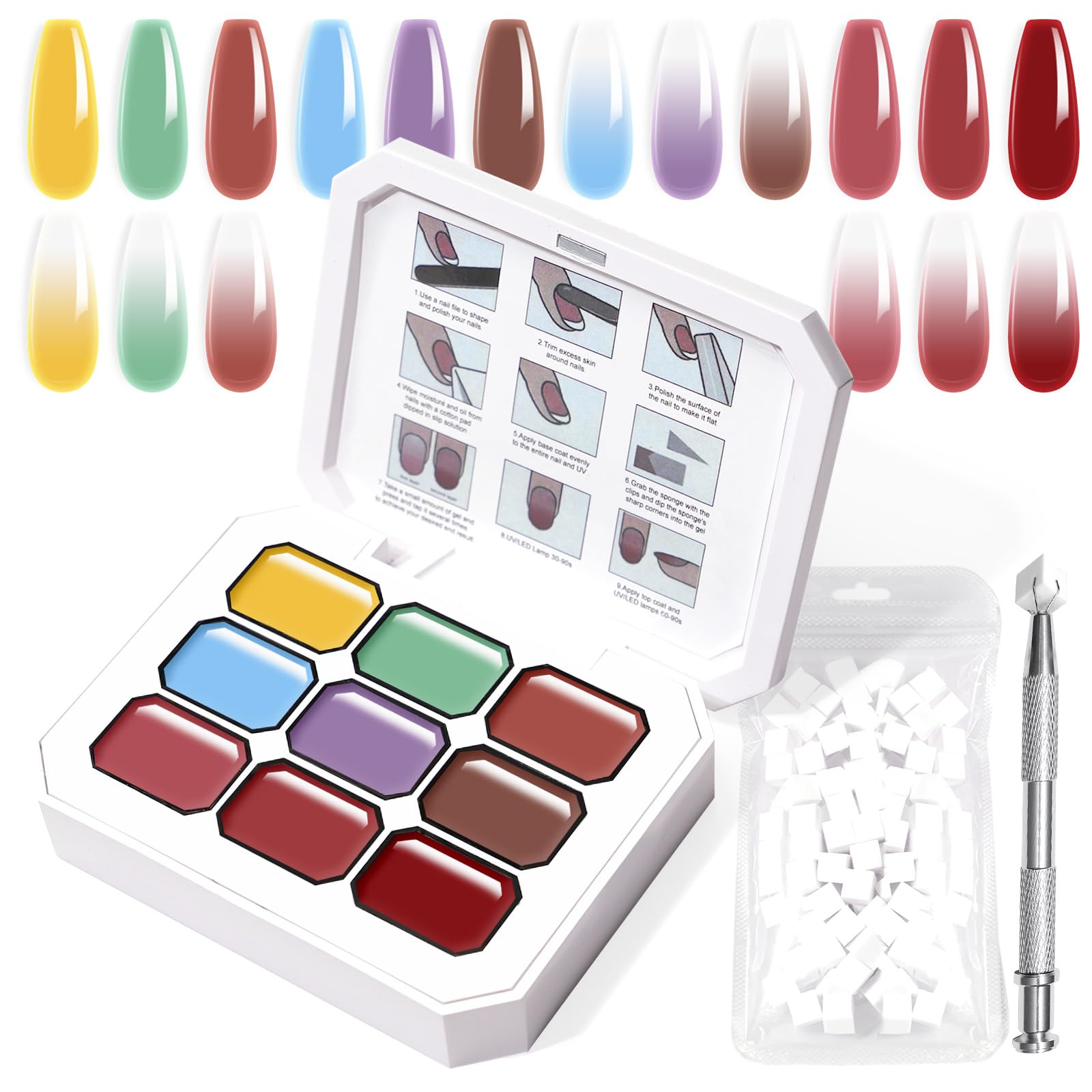 U-Shinein Gradient Painting Gel, 9 Colors Ombre Gel Nail Polish with 100Pcs Nail Sponges & 4 Claws Metal Grabber Sponging for Ombre Nails Aura Nails French Manicure Soak Off UV DIY Nail Art (11)