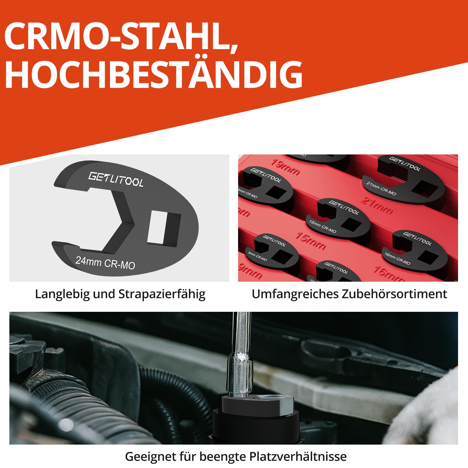 GETLITOOL 15tlg.Hahnenfußschlüssel Satz Metrisch 8-24mm, Drehmoment Gabelschlüssel Cr-Mo-Stahl 1/2"&3/8" Antrieb Maulschlüssel Schwarz, Crowfoot Flare Nut Wrench Set mit Tragbare Aufbewahrungsbox 5