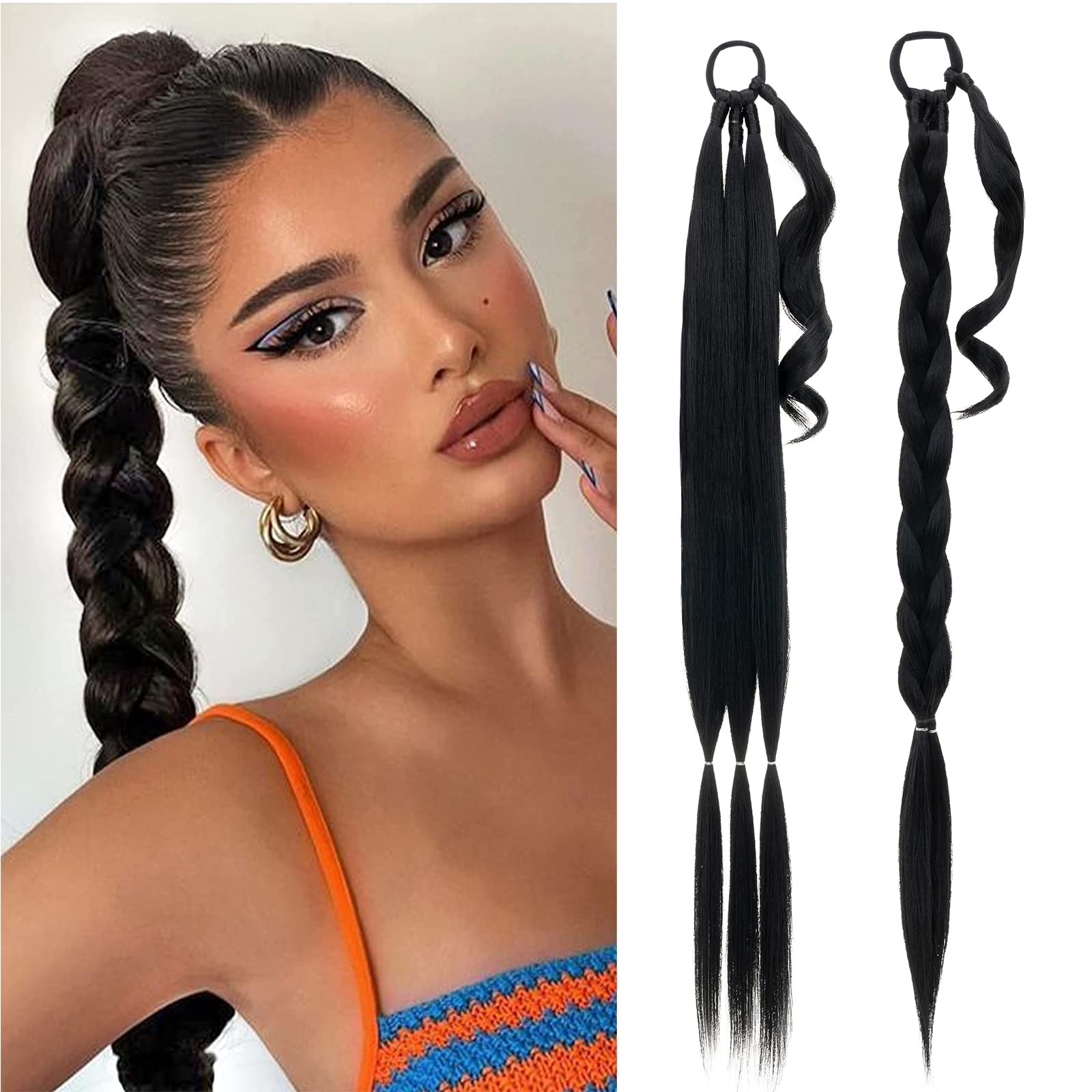 MY-LADY Long DIY Braided Ponytail Extension with Elastic Tie Straight Wrap Around Braid Hair Extensions Pony Tail Soft Synthetic Hairpiece for Women 32 inch Natural Black — image 1