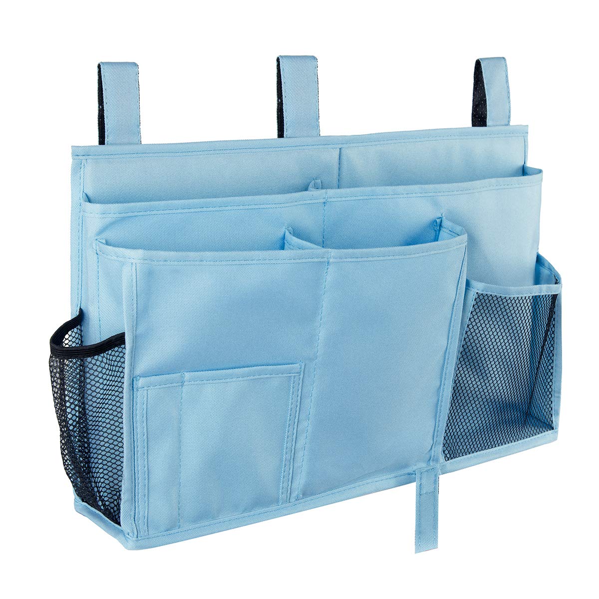 ELEZAY Bedside Organiser Waterproof Oxford Hanging Bedroom Caddy with Hook-and-Loop Fastener Straps for Dorm Bunk Large Capacity Bed Crib Stroller 8 Pocket Storage Bag Skyblue