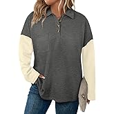 Eytino Plus Size Sweatshirts for Women Button V Neck Long Sleeve Waffle Patchwork Oversized Pullover Shirts Tops(1X-5X)