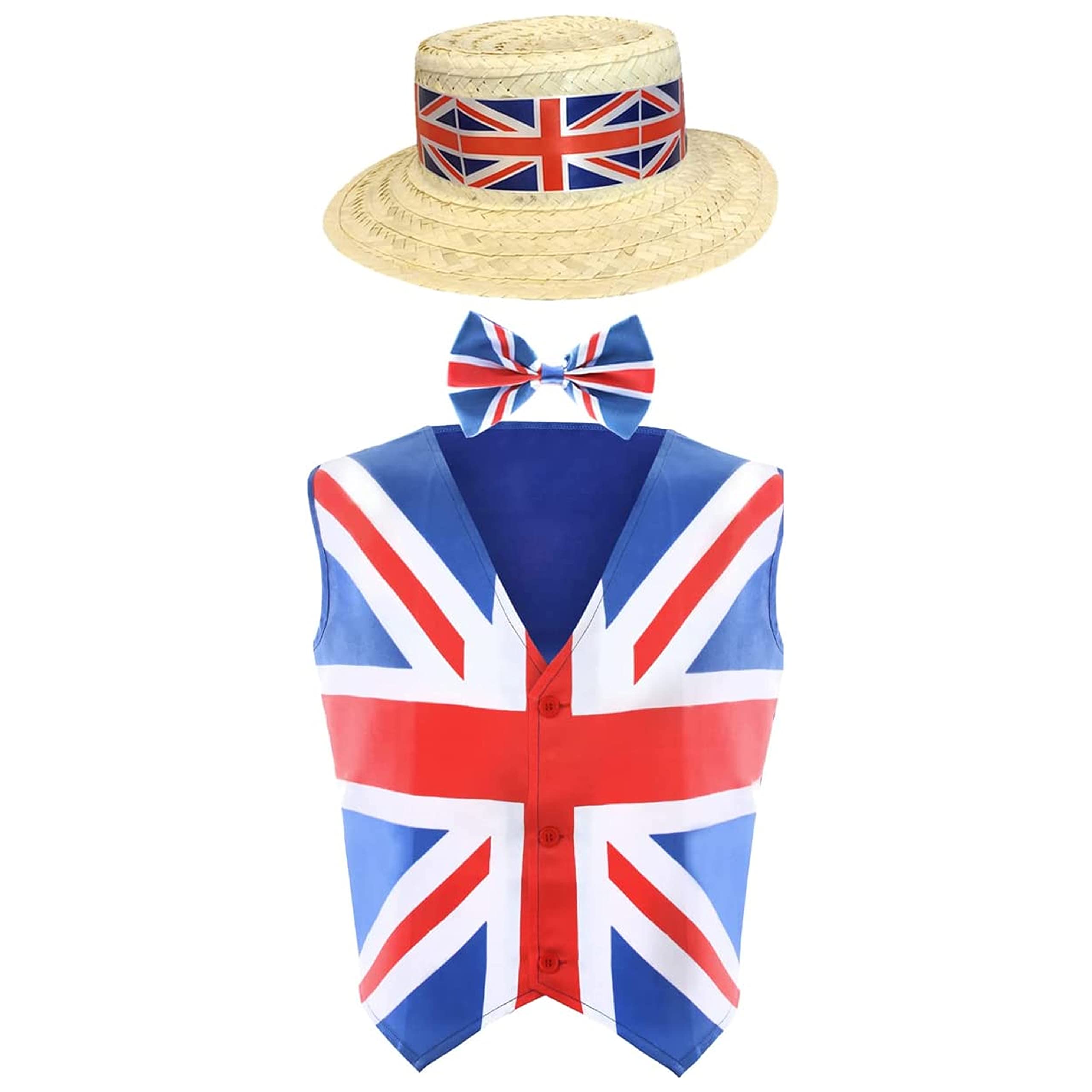 Adults Union Jack Costume - Small - Union Jack Waistcoat + Union Jack Bowtie and Straw Boater Hat with Union Jack Band - King's Fancy Dress Costume VE DAY COMMONWEALTH