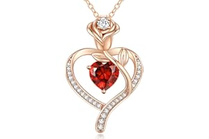 LOUISA SECRET Rose Flower Heart Birthstone Necklaces for Women, 925 Sterling Silver Fine Jewelry, Pendant Heart Necklaces Birthday Anniversary Christmas Gift for Women Wife Mom Girlfriend Lady