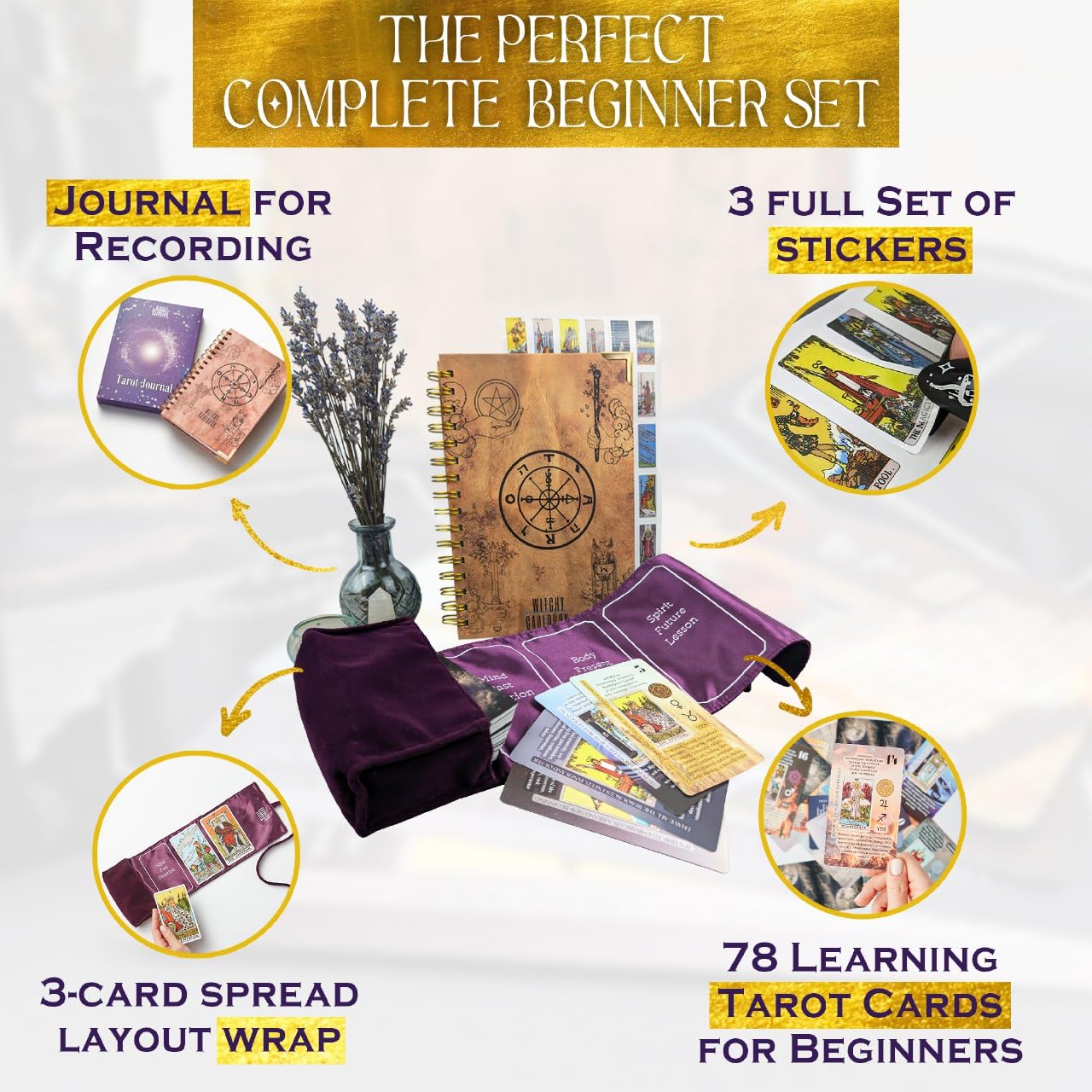 Witchy Cauldron Tarot Learning Set for Beginners: Learning Cards for Beginners, Satin Deck Holder and Journal for with Raider Waite (Purple)
