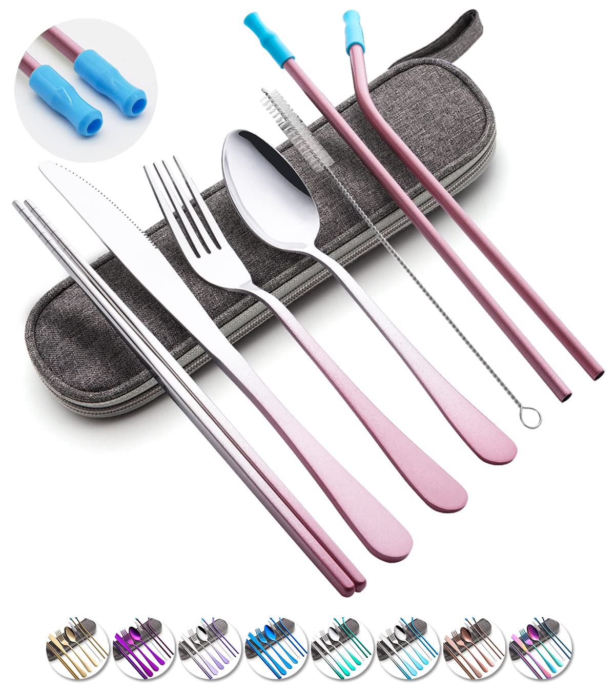 Photo 1 of Travel Utensils Set with Case Reusable Portable Cutlery Set Stainless Steel 8pcs Including Dinner Knife Fork Spoon Chopsticks straws(Gradient Pink)