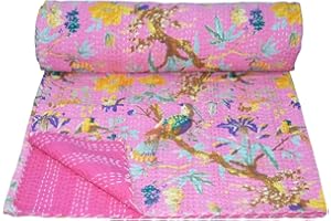 V Vedant Designs Bird Print Queen Kantha Quilt Queen Throw Blanket Bedpsread Indian Throw Vintage Quilt 90X108 Inch, Light Pink