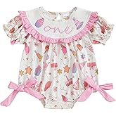 woshilaocai Baby Girl First Birthday Outfit One Romper Smocked Bow Jumpsuit Infant One Birthday Clothes