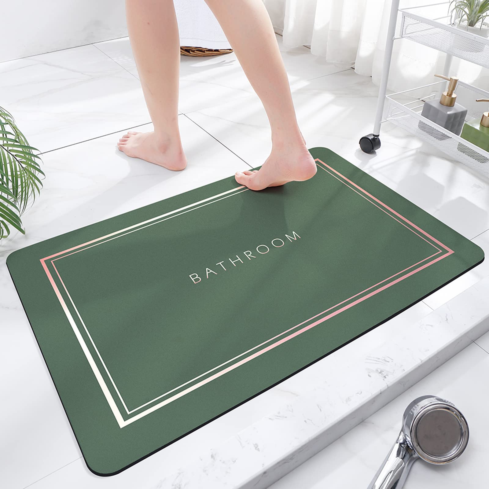 TOKLYUIE Super Absorbent Bath Mat, Quick-drying, Non-slip, Green, 50 x 80 cm