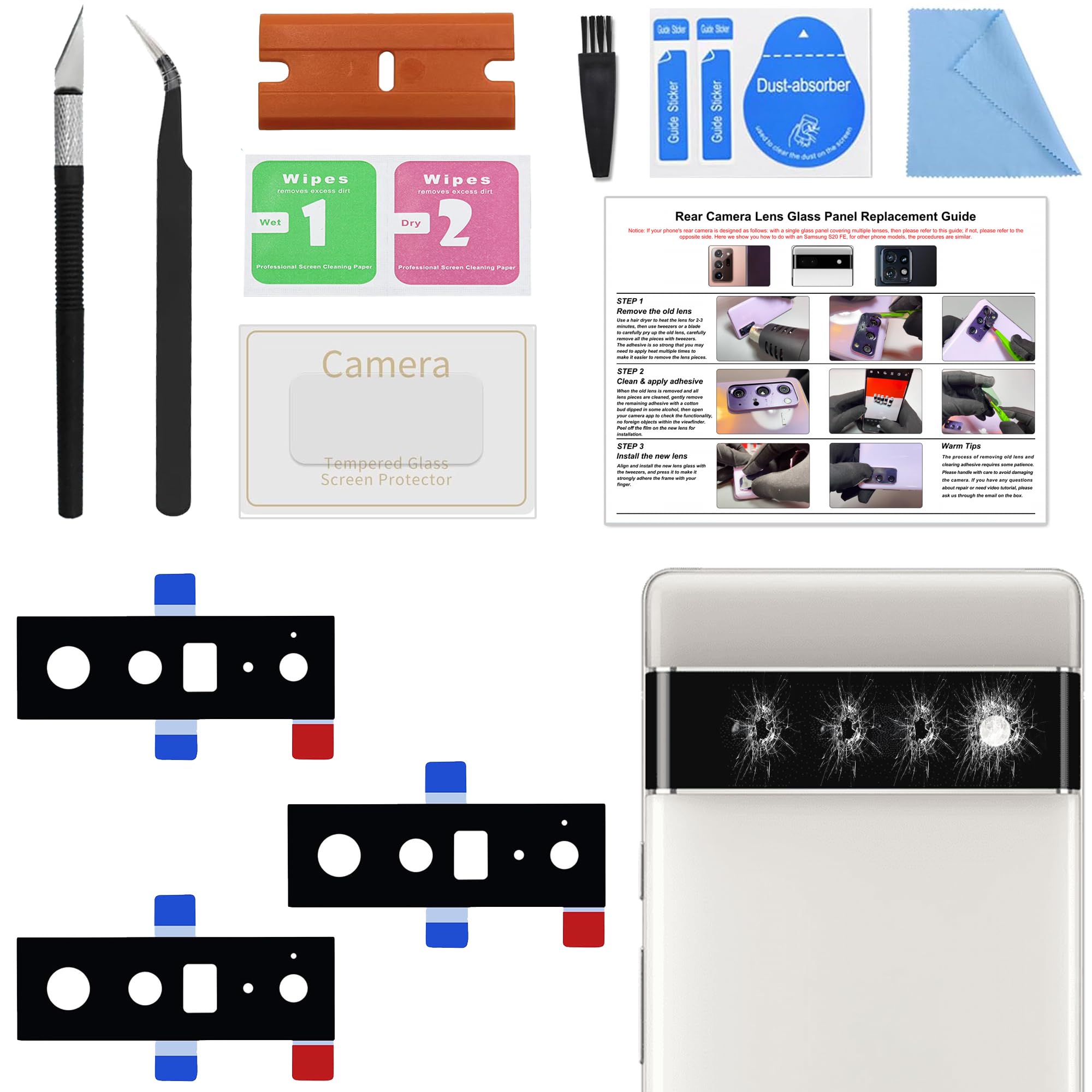Photo 1 of 3 Pack for Pixel 6 Pro Back Rear Camera Lens Glass Replacement, Back Camera Lens with Premium Lens Protector Compatible with Pixel 6 Pro, Included Instruction Manual, Toolkit