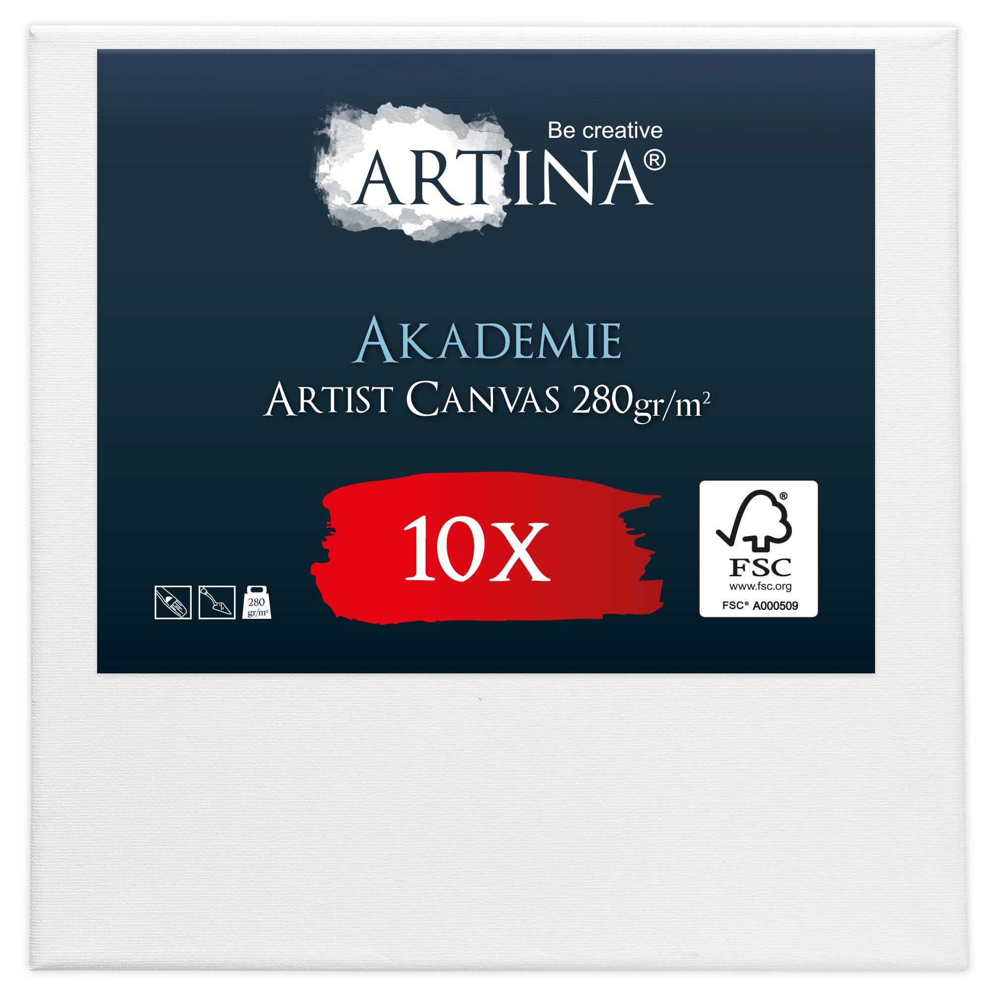 Artina FSC® Small Canvas for Painting 10x10 cm - 10pcs Blank Canvases for Art for Acrylic, Watercolour & Oil Painting - 100% Cotton Canvas Stretcher Frame 280 g/m² - Akademie
