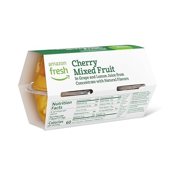 AMAZON FRESH, CHERRY MIXED FRUIT IN JUICE, 4 OZ BOWLS (PACK OF 4) (PREVIOUSLY HAPPY BELLY, PACKAGING MAY VARY)